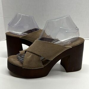 Bionatural Suede Slide Chunky Block Heel Open Toe Sandals Shoes Tan Brown Size 9